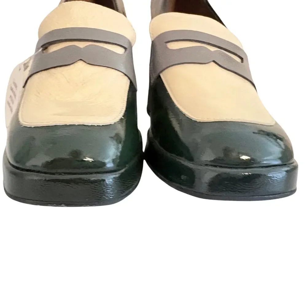 NWT Wonders Spain Forest Green Block Heel Shiny Leather Penny Loafers Pumps